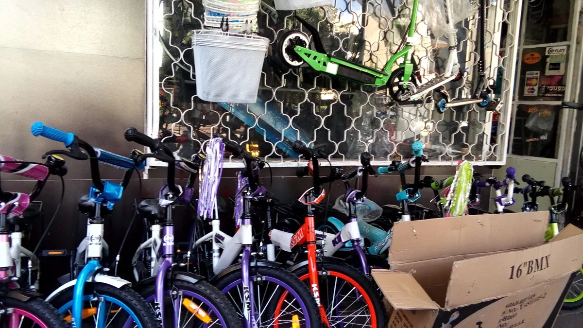Children's bicycles on display at a bicycle shop