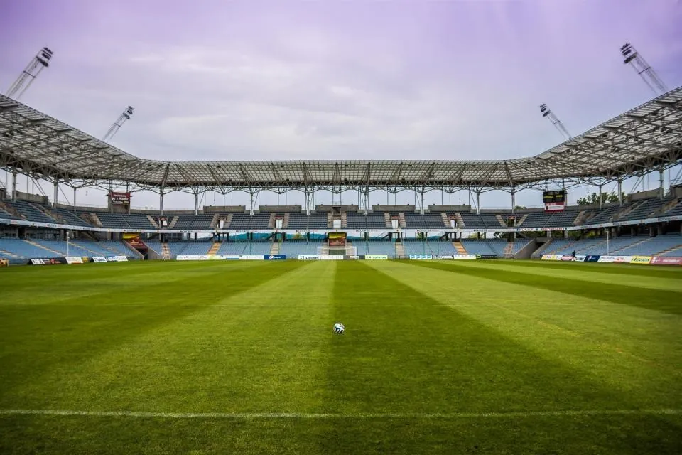 Soccer ball on the field of a stadium